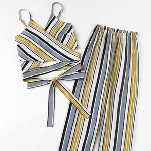 Plus Striped Wide Leg Pants w/ Tie Cami